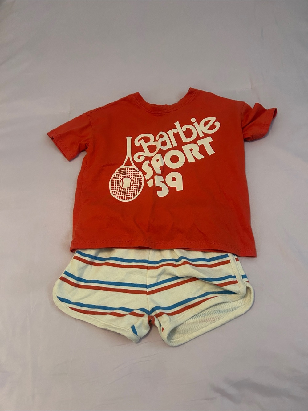 Barbie Red Tee with White Logo and Cream Stripe Shorts